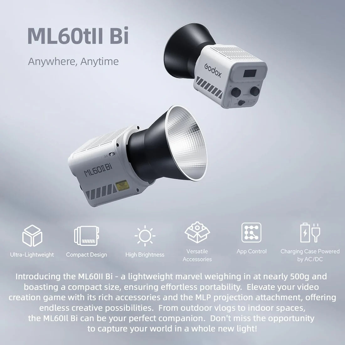 Godox ML60II Bi Illuminatore a LED Bi-Color 2800–6500K Kit 1 con AK-B01 – Luce continua portatile professionale