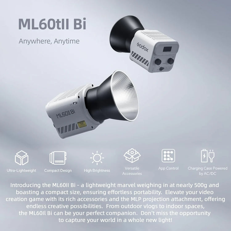 Godox ML60II Bi Illuminatore a LED Bi-Color 2800–6500K Kit 1 con AK-B01 – Luce continua portatile professionale