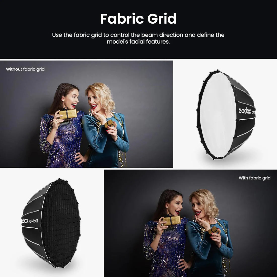 Godox QR-P90T Softbox Parabolico 90 cm con Griglia a Nido d’Ape e Attacco Bowens – Luce morbida e controllata