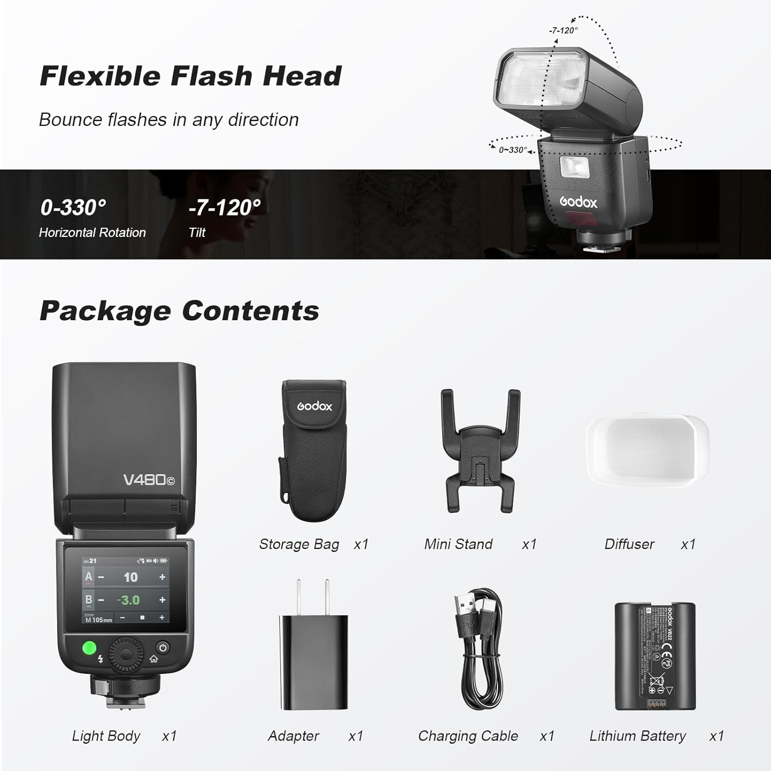 Godox V480 Flash a Slitta TTL HSS al Litio per Canon, Sony, Nikon, Fujifilm e Panasonic – GN60 professionale
