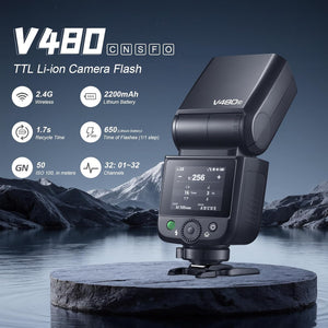 Godox V480 Flash a Slitta TTL HSS al Litio per Canon, Sony, Nikon, Fujifilm e Panasonic – GN60 professionale