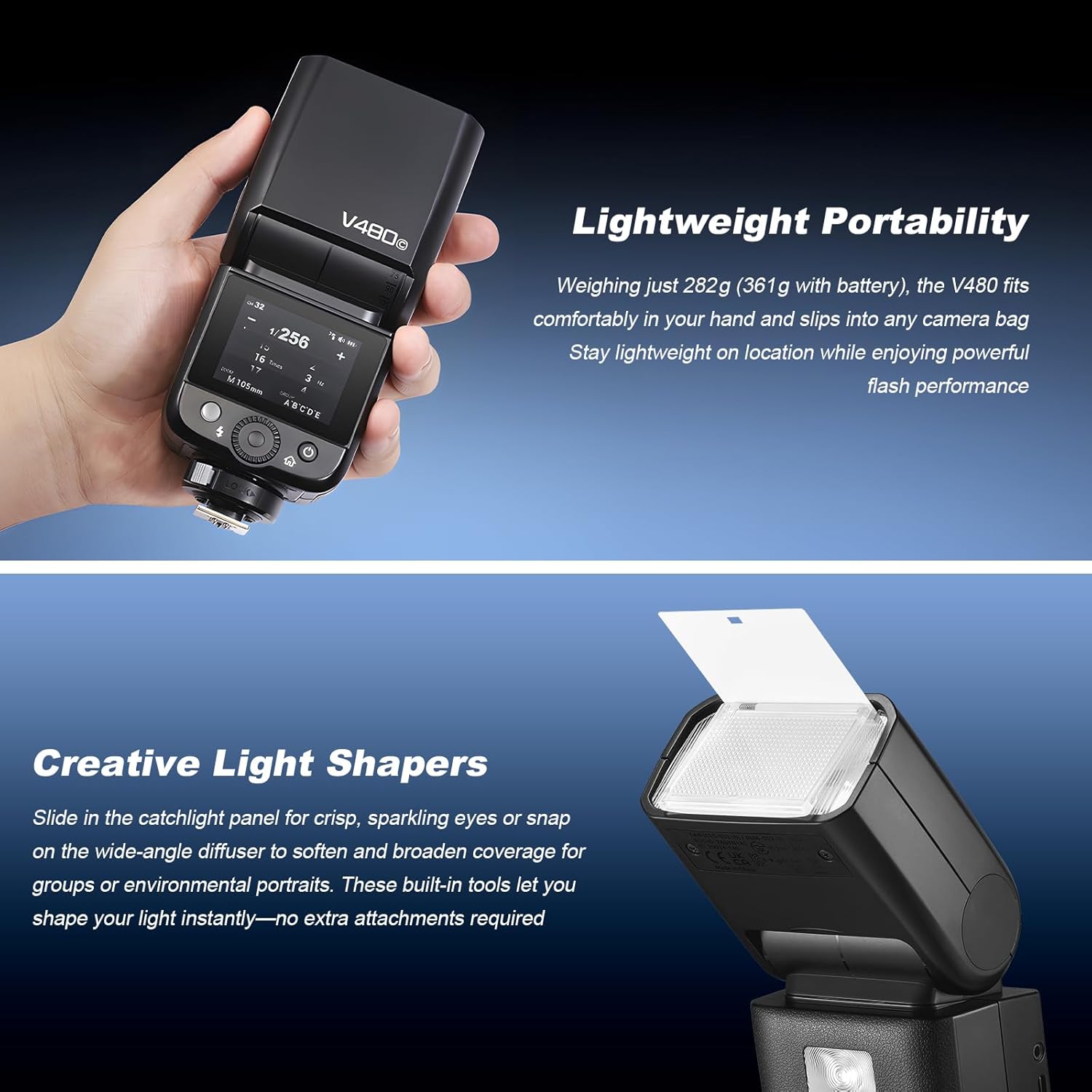 Godox V480 Flash a Slitta TTL HSS al Litio per Canon, Sony, Nikon, Fujifilm e Panasonic – GN60 professionale