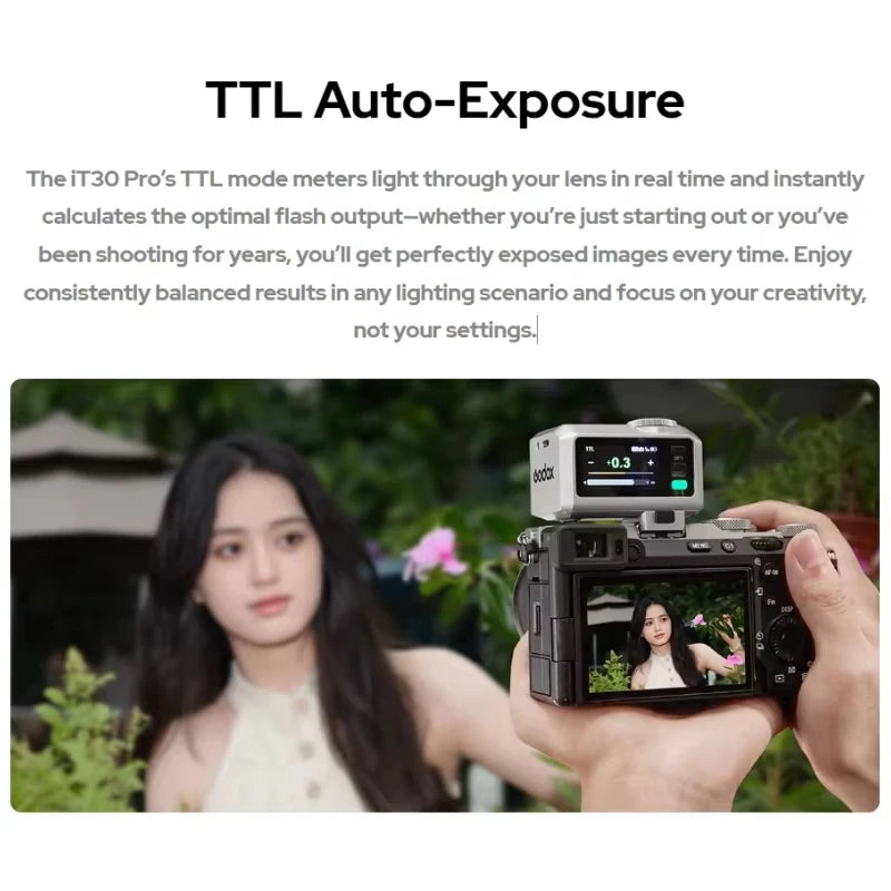 Godox iT30Pro flash tascabile TTL con touchscreen 2.8", radio 2.4GHz, compatibile C/N/S/F/O