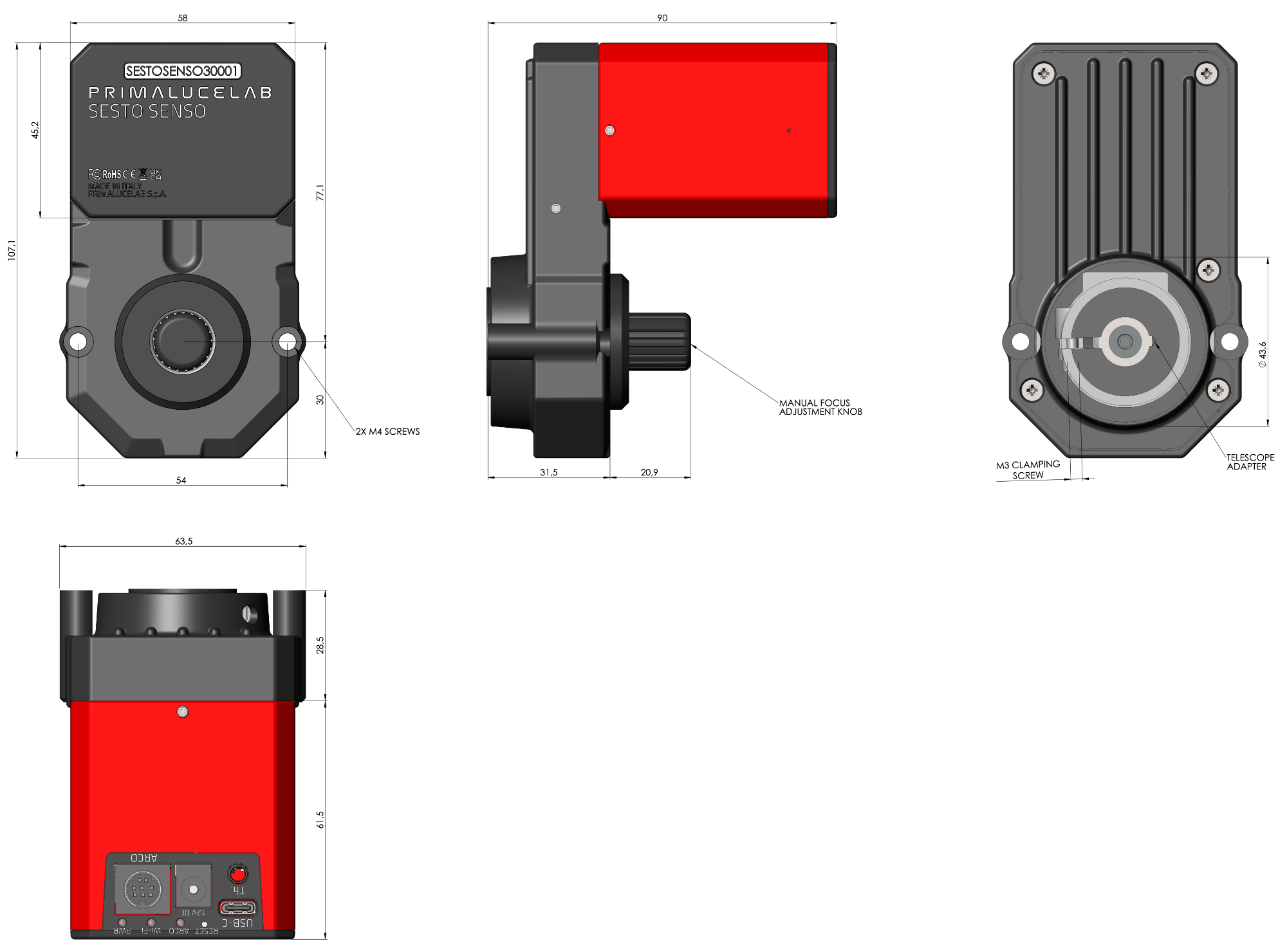 Motore di messa a fuoco robotico PrimaLuceLab SESTO SENSO 3 SC per telescopi Schmidt-Cassegrain, EdgeHD e RASA con connessione USB-C e Wi-Fi