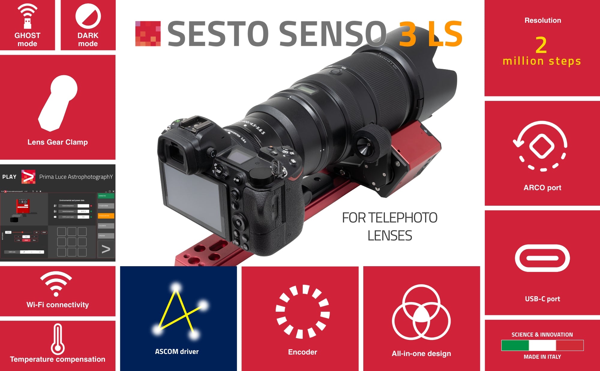 Motore di messa a fuoco robotico PrimaLuceLab SESTO SENSO 3 LS per obiettivi fotografici Canon, Nikon e altri, con connessione USB-C e Wi-Fi