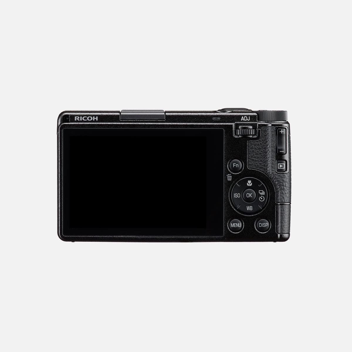 Retro della Ricoh GR IV con lo schermo touch da 3 pollici, il logo RICOH, la leva ADJ e la pulsantiera che si raggiunge con il solo pollice