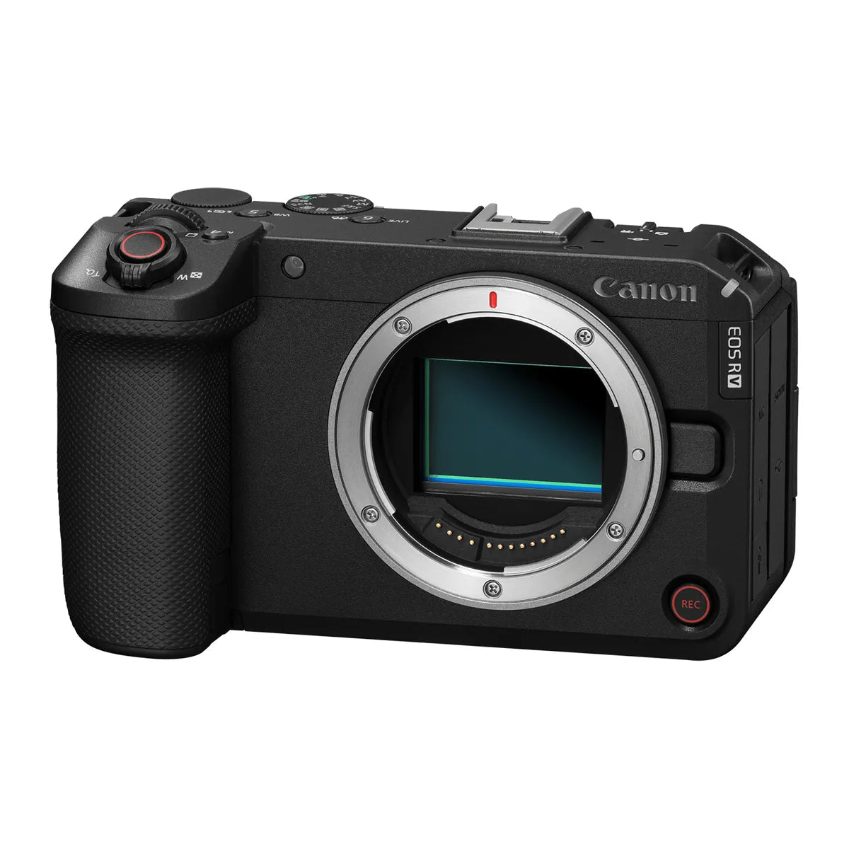 Fotocamera Canon EOS R6 V vista di tre quarti dal davanti, corpo nero senza obiettivo con l'innesto RF aperto e il sensore full frame in vista, la sigla EOS R6 V sul fianco e il tasto rosso di registrazione sul frontale