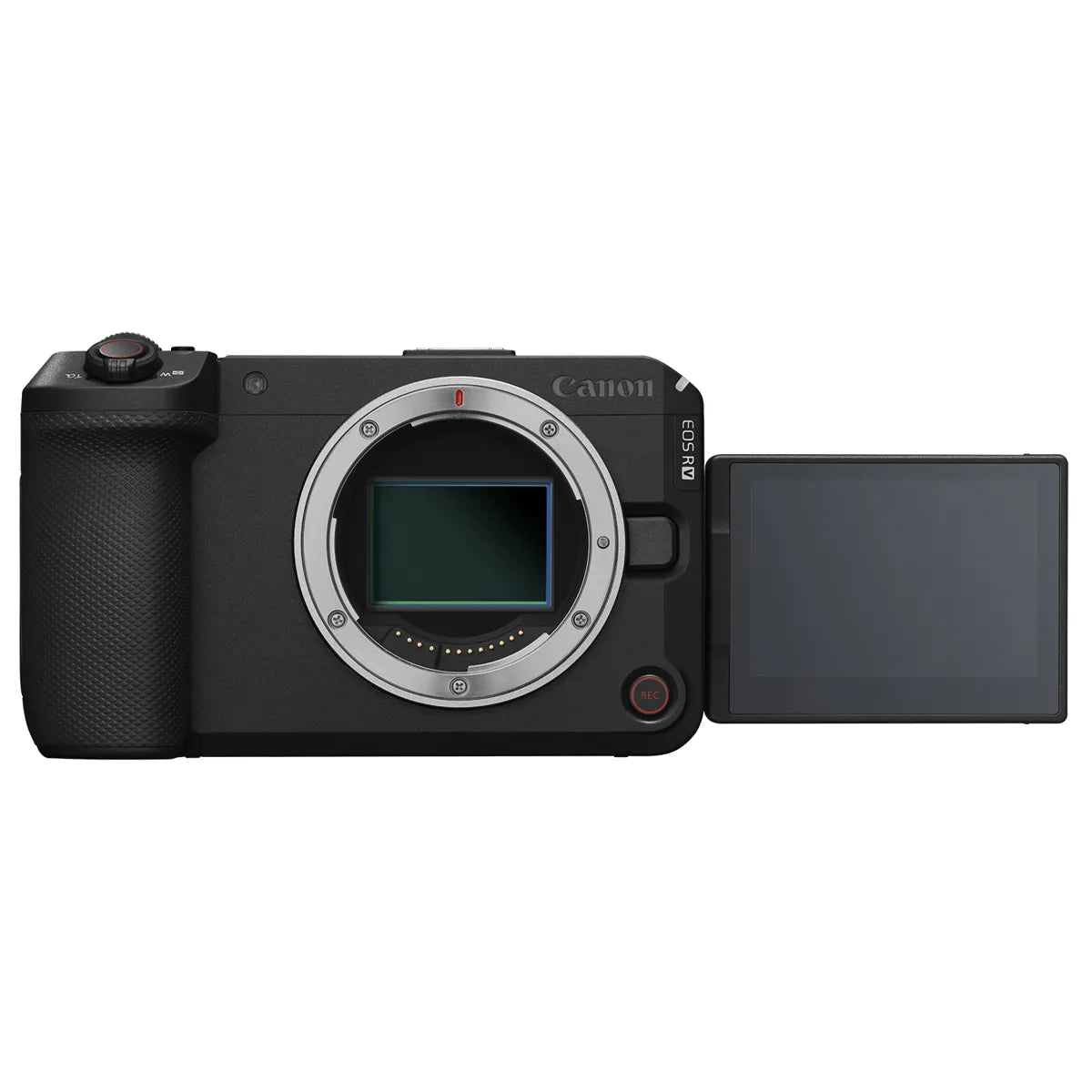Canon EOS R6 V dal davanti con lo schermo orientabile aperto lateralmente e ruotato in avanti, come si usa quando ci si riprende da soli