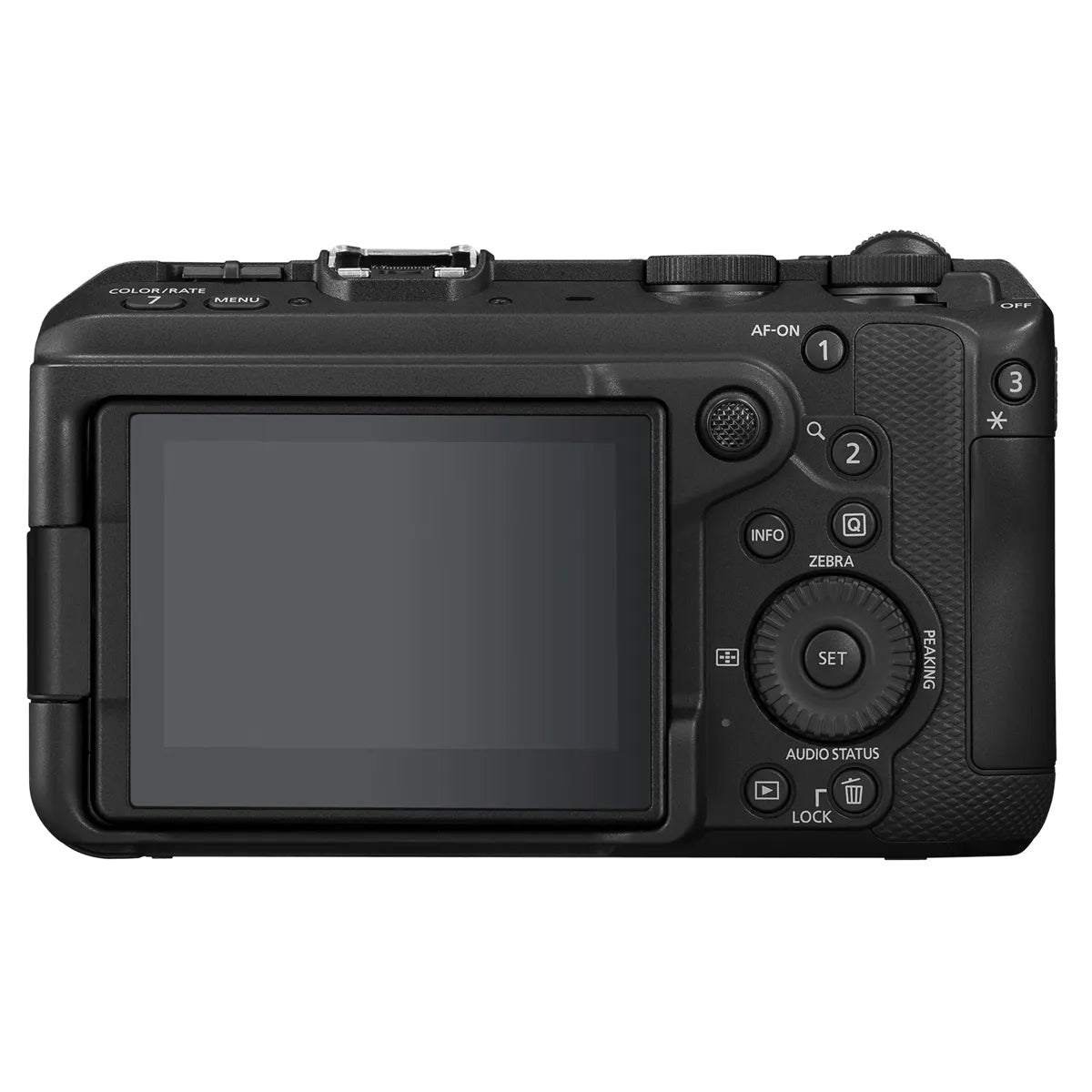 Retro della Canon EOS R6 V con lo schermo touch chiuso, il tasto AF-ON, il joystick di selezione, la ghiera SET e i comandi INFO, ZEBRA e AUDIO STATUS