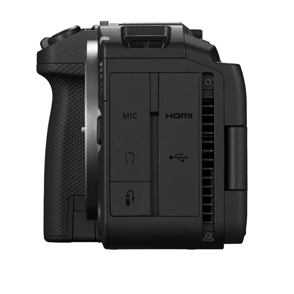 Fianco sinistro della Canon EOS R6 V con gli sportelli chiusi e le etichette delle connessioni: MIC, HDMI, cuffie e USB