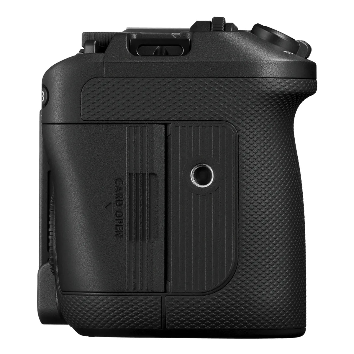 Fianco destro della Canon EOS R6 V con l'impugnatura zigrinata e lo sportello del vano schede chiuso