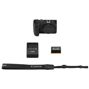 Contenuto della confezione della Canon EOS R6 V: il corpo macchina con il tappo, il caricabatterie, la batteria LP-E6P e la cinghia Canon