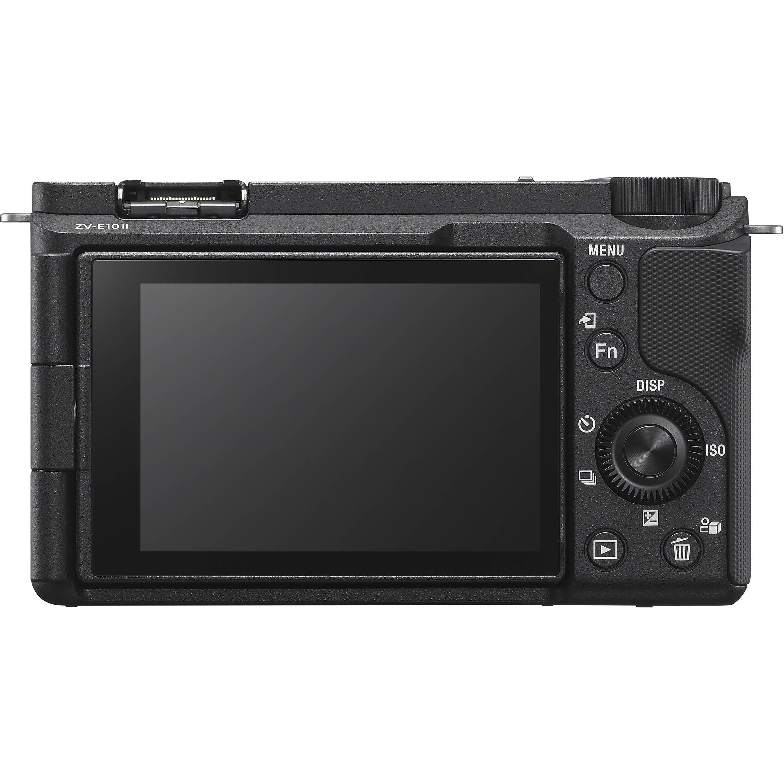 Retro della Sony ZV-E10 II nera con lo schermo orientabile, la ghiera di controllo, i tasti MENU, Fn, DISP e ISO e la scritta ZV-E10 II sulla spalla
