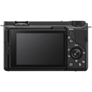 Retro della Sony ZV-E10 II nera con lo schermo orientabile, la ghiera di controllo, i tasti MENU, Fn, DISP e ISO e la scritta ZV-E10 II sulla spalla