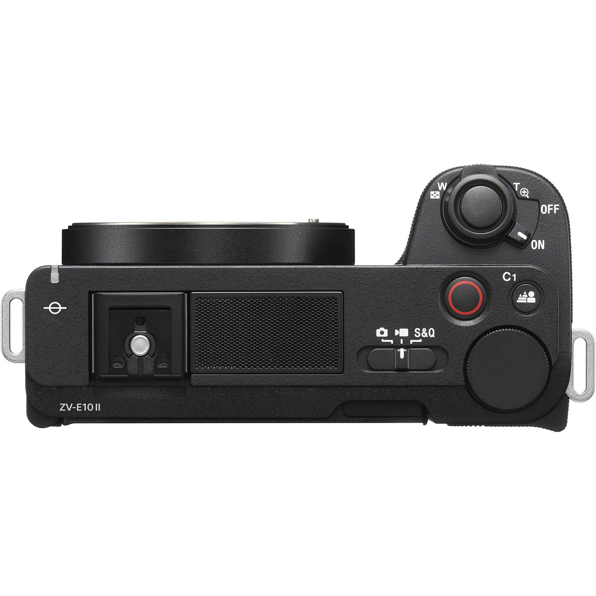 Sony ZV-E10 II vista dall'alto: la slitta multi-interfaccia, la griglia del microfono direzionale a tre capsule, la leva dello zoom, il tasto rosso di registrazione, il tasto C1 della sfocatura dello sfondo e il selettore foto, video e rallentatore