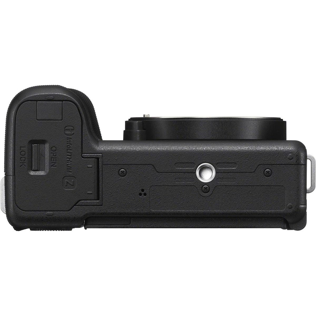 Sony ZV-E10 II vista dal basso, con lo sportello del vano batteria NP-FZ100 e l'attacco filettato per il treppiede