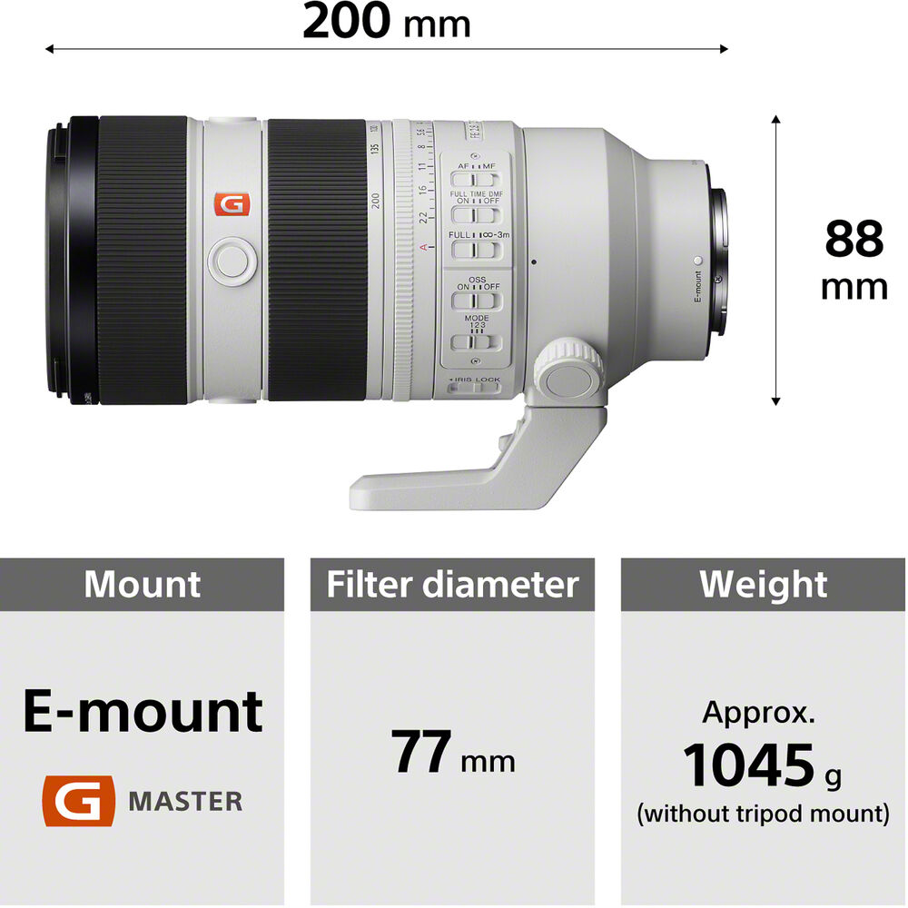 Misure del Sony FE 70-200mm f/2.8 GM OSS II: 200 mm di lunghezza per 88 mm di diametro, innesto E-mount, filtri da 77 mm e peso di circa 1045 grammi