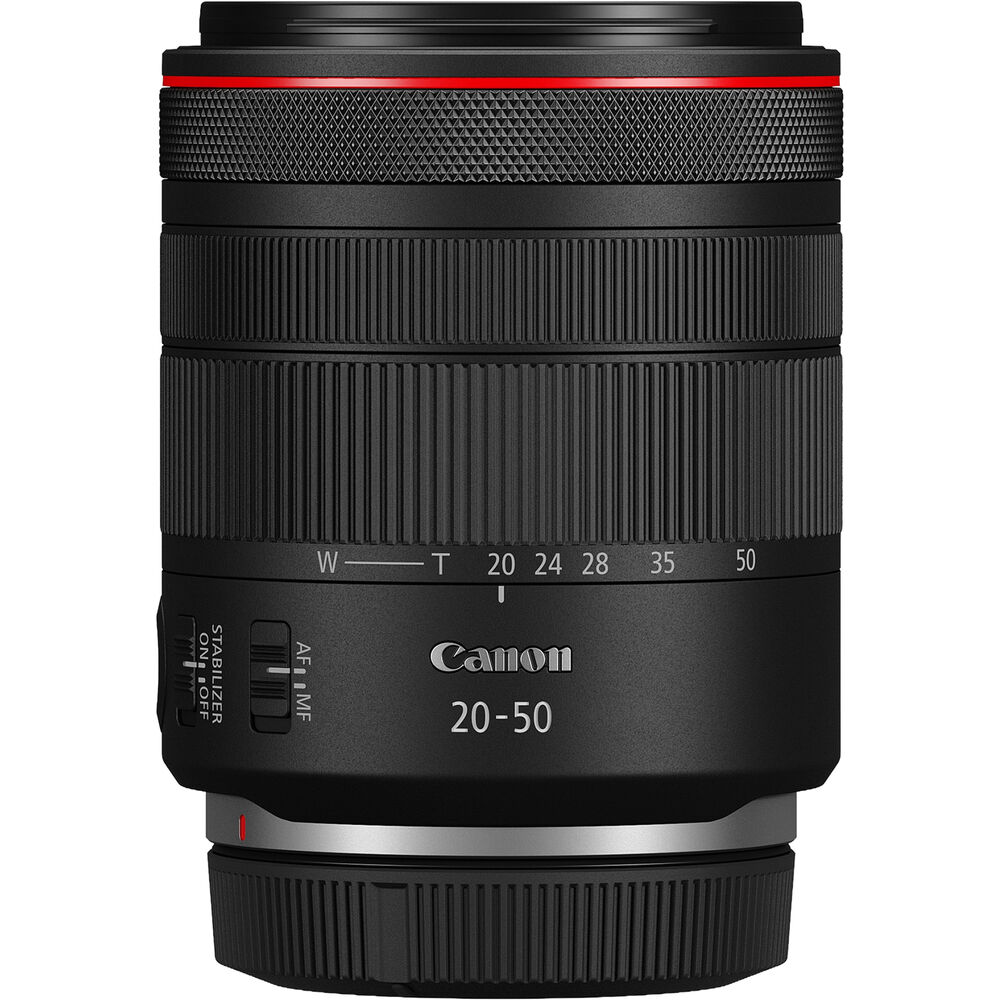 Canon RF 20-50mm F4 L IS USM PZ visto dall'altro lato, con la ghiera dello zoom da grandangolo a tele e la sigla 20-50 stampata sul barilotto