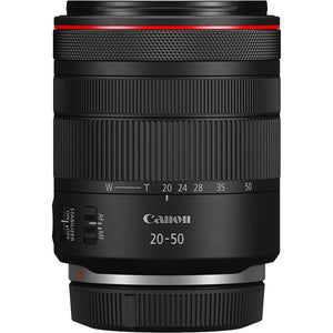 Canon RF 20-50mm F4 L IS USM PZ visto dall'altro lato, con la ghiera dello zoom da grandangolo a tele e la sigla 20-50 stampata sul barilotto