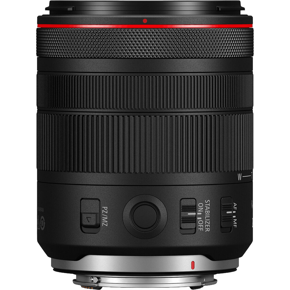 Canon RF 20-50mm F4 L IS USM PZ di lato, con il selettore PZ/MZ dello zoom motorizzato, l'interruttore dello stabilizzatore, il selettore AF/MF e l'innesto RF