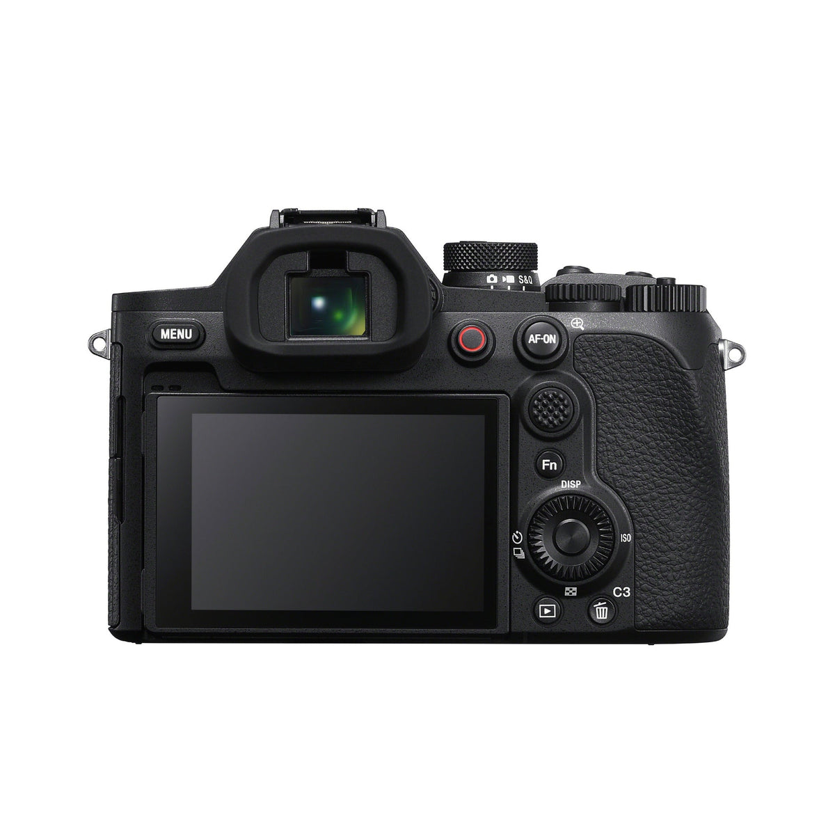 Retro della Sony RX10 V con il mirino elettronico OLED, lo schermo, il joystick di selezione, il tasto AF-ON e il tasto rosso di registrazione