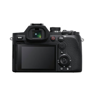 Retro della Sony RX10 V con il mirino elettronico OLED, lo schermo, il joystick di selezione, il tasto AF-ON e il tasto rosso di registrazione