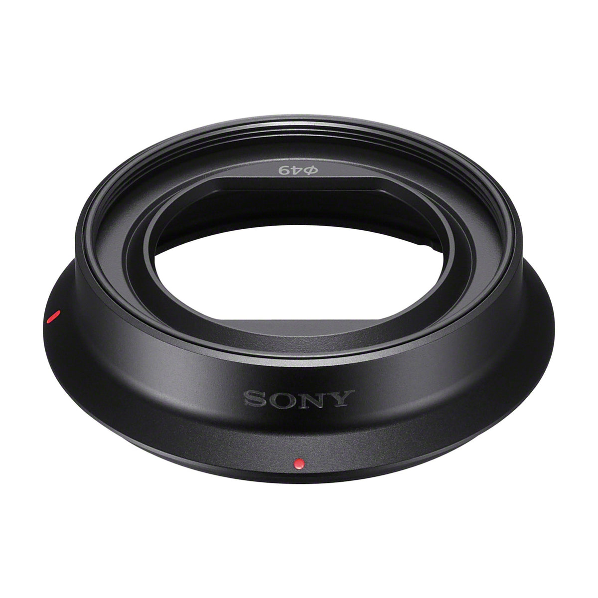 Paraluce a baionetta in dotazione al Sony FE 50mm F2.5 G, tondo e nero con il marchio SONY sulla parete esterna, la sigla Φ49 sul bordo interno e il puntino rosso di allineamento