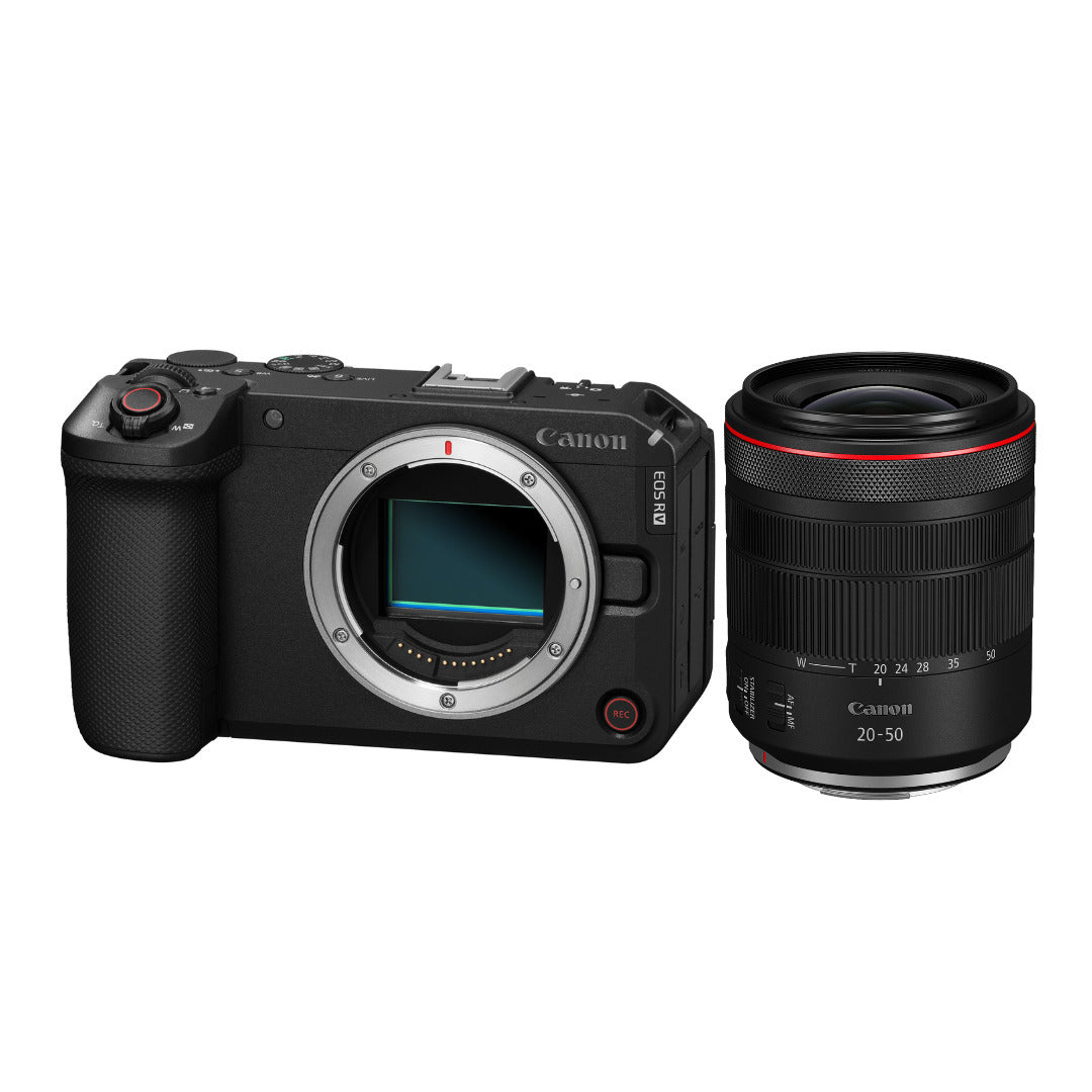 Kit Canon EOS R6 V con obiettivo RF 20-50mm F4 L IS USM PZ: il corpo macchina nero senza obiettivo e lo zoom appoggiato di fianco