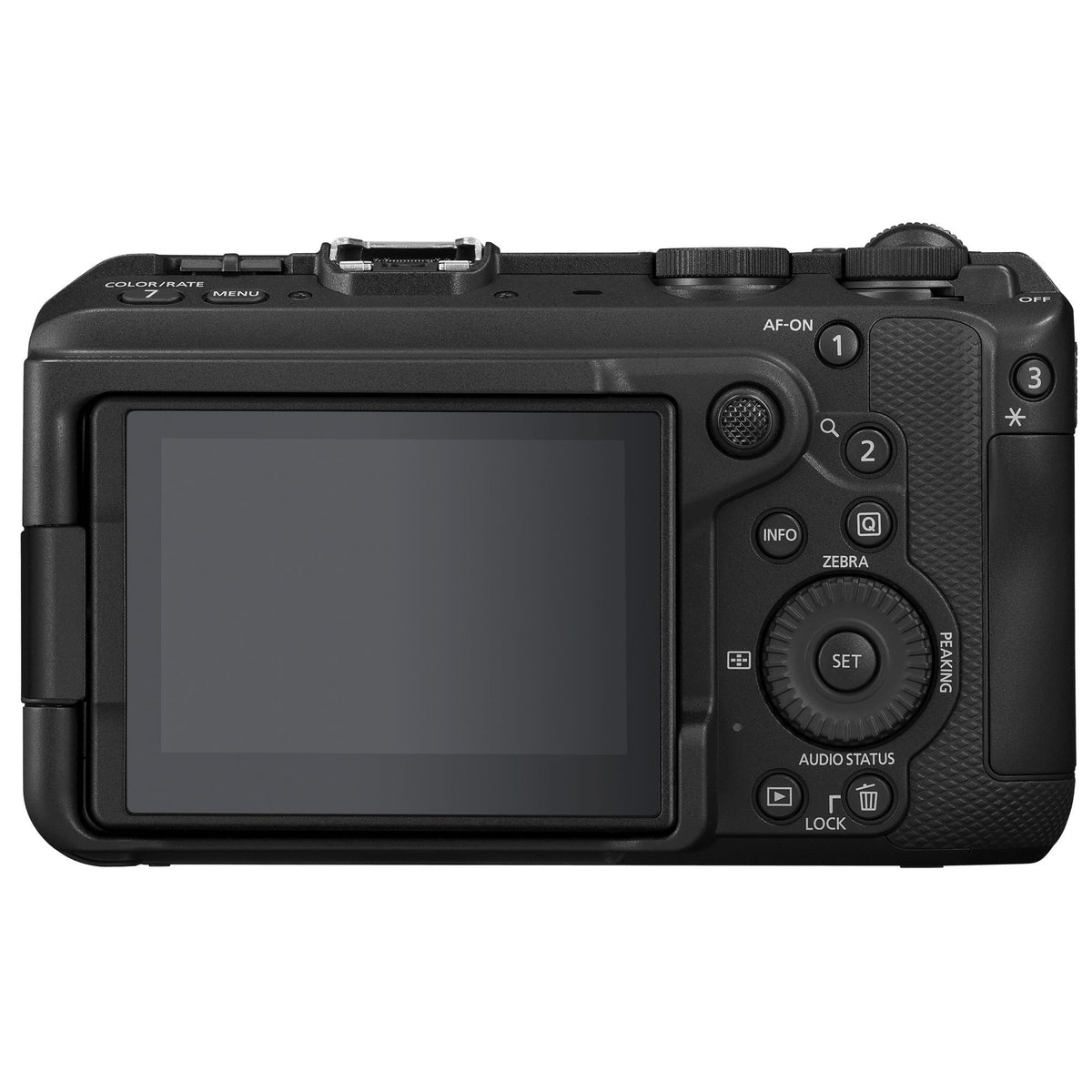 Retro del corpo Canon EOS R6 V del kit, con lo schermo touch orientabile, il tasto AF-ON e il joystick di selezione