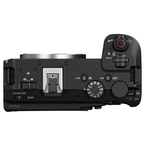 Corpo Canon EOS R6 V del kit visto dall'alto, con la slitta multifunzione, la ghiera dei modi e la scritta EOS R6 V