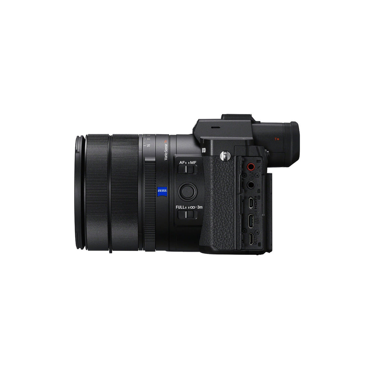 Fianco sinistro della Sony RX10 V con lo sportello delle connessioni aperto: presa microfono, presa cuffie, micro HDMI e USB-C, più il selettore AF/MF e il limitatore di messa a fuoco