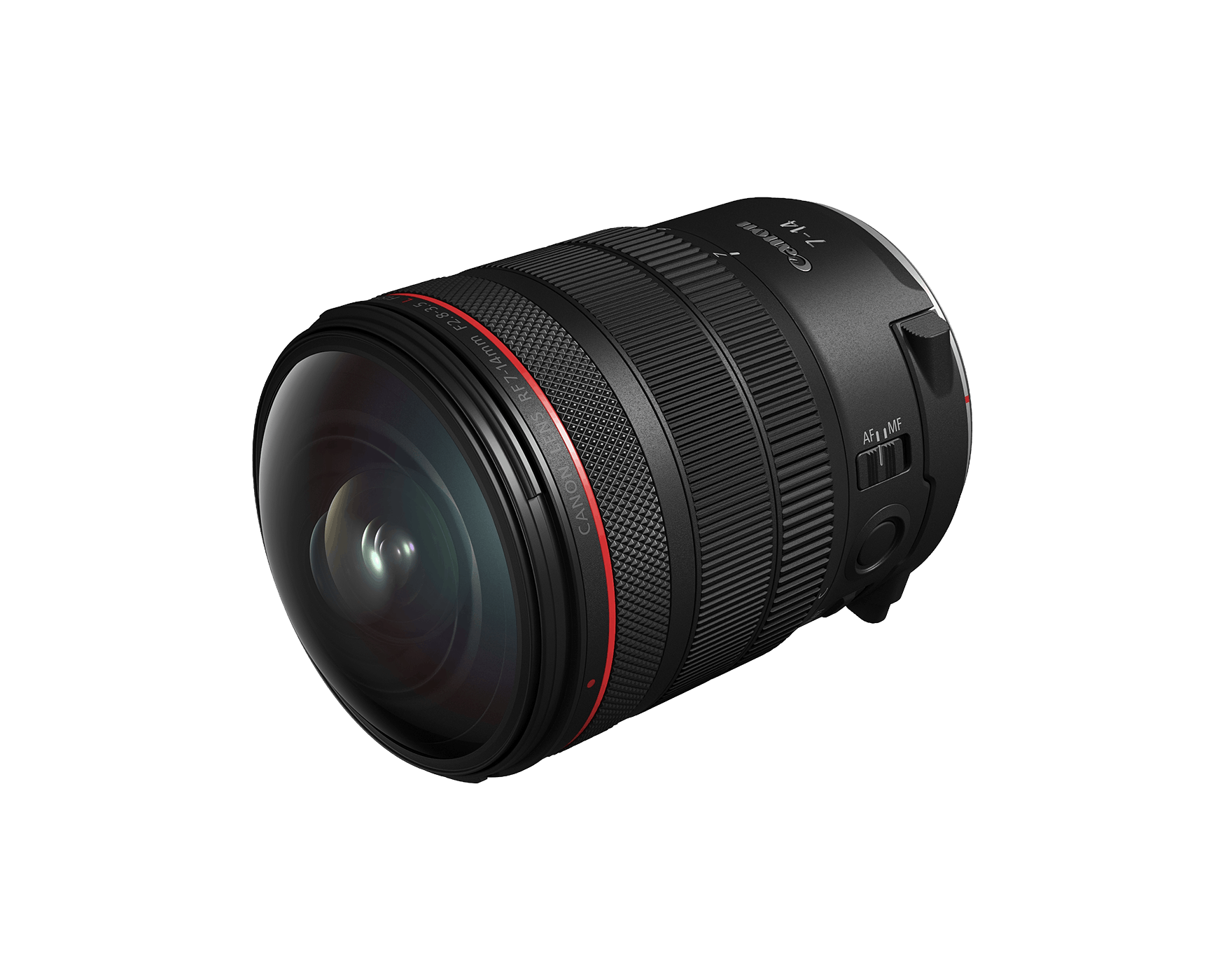 Canon RF 7-14mm F2.8-3.5 L Fisheye STM senza paraluce: si vede quanto sporge la lente anteriore, il motivo per cui non si possono montare filtri davanti