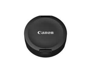 Copriobiettivo a scatto del Canon RF 7-14mm F2.8-3.5 L Fisheye STM, tondo e nero con il logo Canon, che si aggancia sopra il paraluce