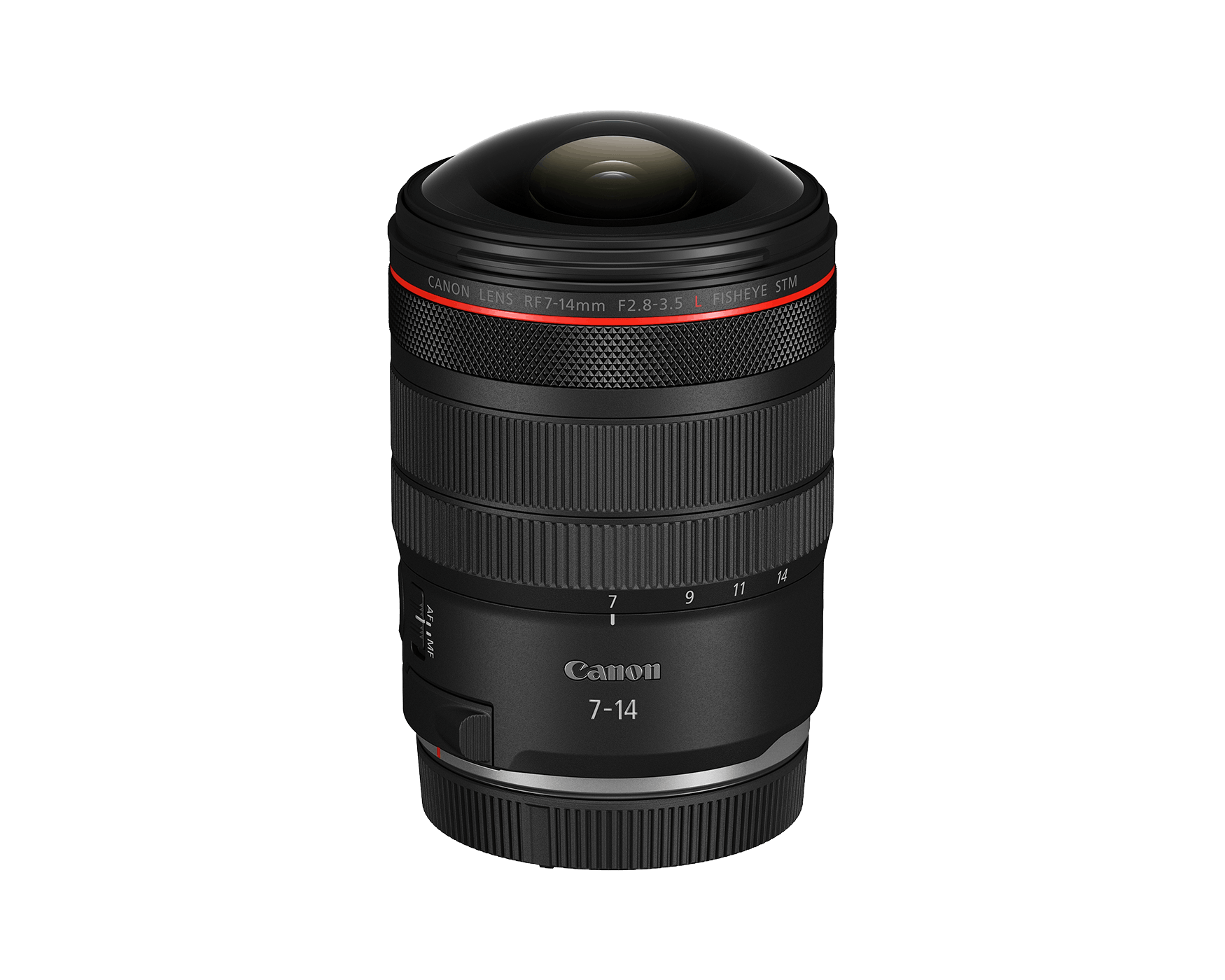 Canon RF 7-14mm F2.8-3.5 L Fisheye STM di fronte, con la scritta CANON LENS RF7-14mm F2.8-3.5 L FISHEYE STM sulla fascia rossa e la scala dello zoom da 7 a 14 mm