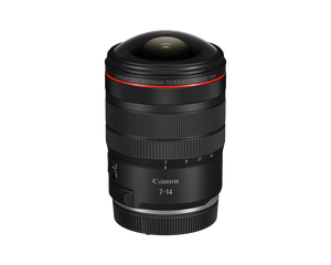 Canon RF 7-14mm F2.8-3.5 L Fisheye STM di fronte, con la scritta CANON LENS RF7-14mm F2.8-3.5 L FISHEYE STM sulla fascia rossa e la scala dello zoom da 7 a 14 mm