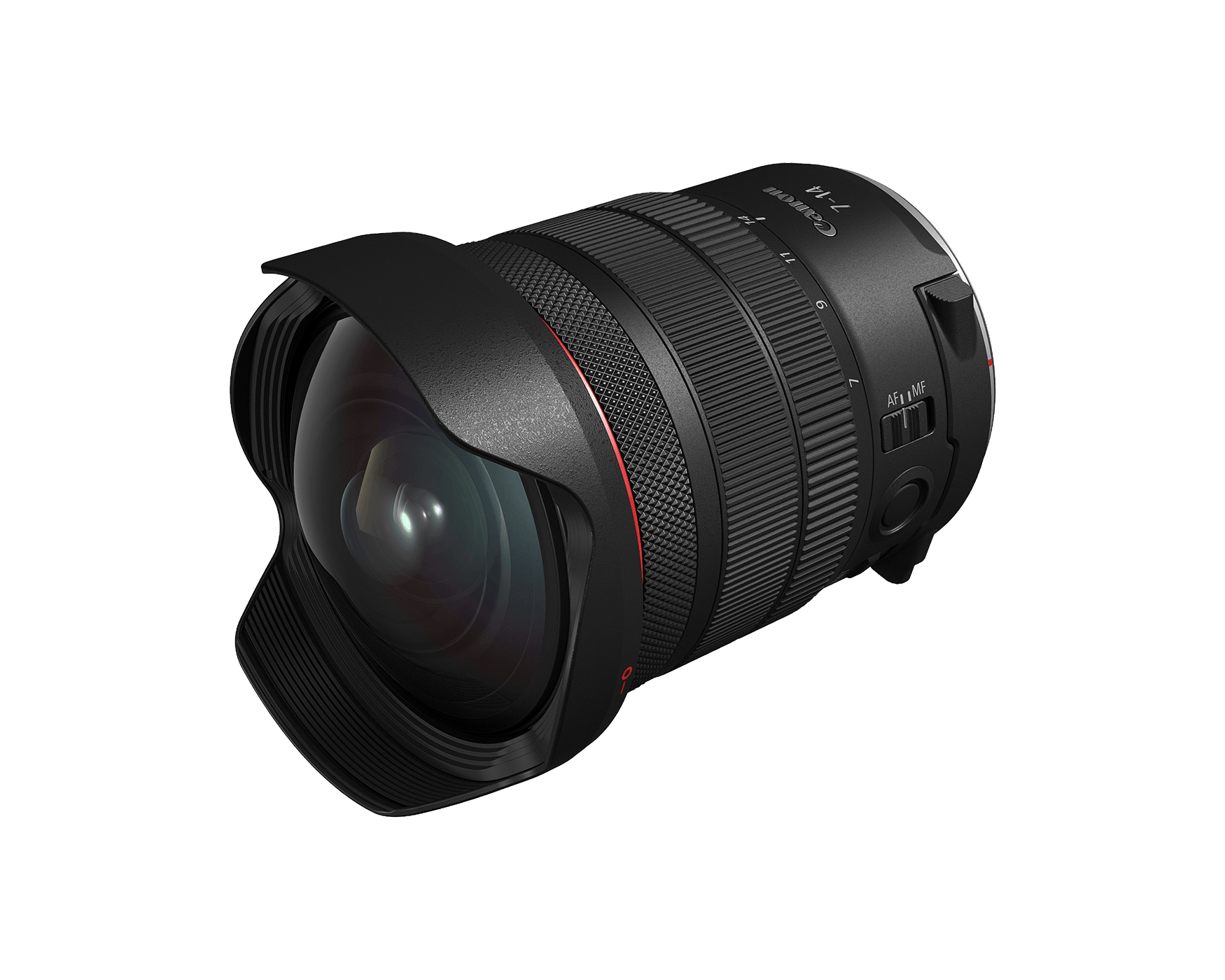 Obiettivo Canon RF 7-14mm F2.8-3.5 L Fisheye STM di tre quarti con il paraluce EW-76 montato, la lente frontale fortemente bombata e l'anello rosso della serie L
