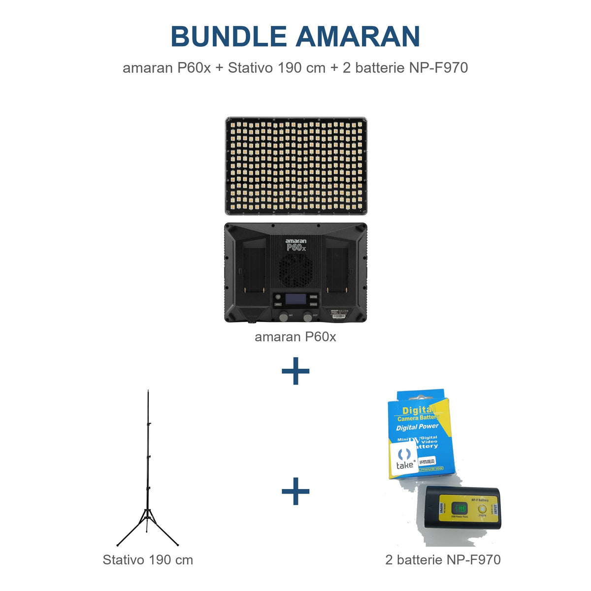 Bundle Luce Video Aputure amaran P60x + Stativo 190 cm + 2 Batterie NP-F970