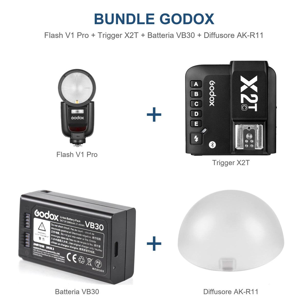 Bundle Godox V1 Pro + Trigger X2T + Batteria VB30 + Diffusore AK-R11