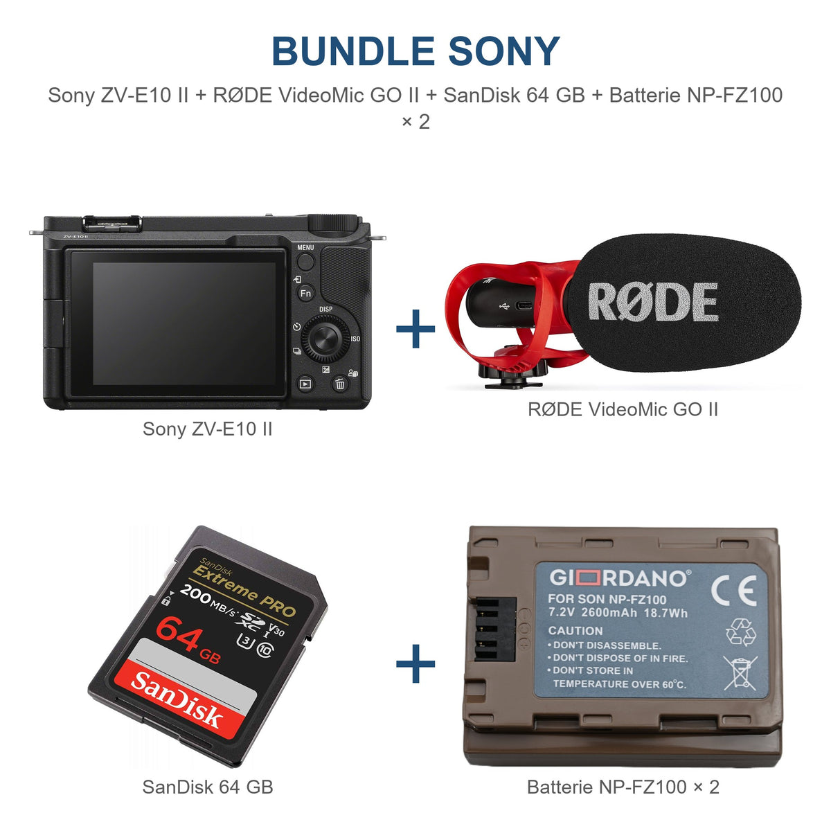Bundle Vlog Sony ZV-E10 II + Microfono RØDE VideoMic GO II + SanDisk 64 GB + 2 Batterie NP-FZ100