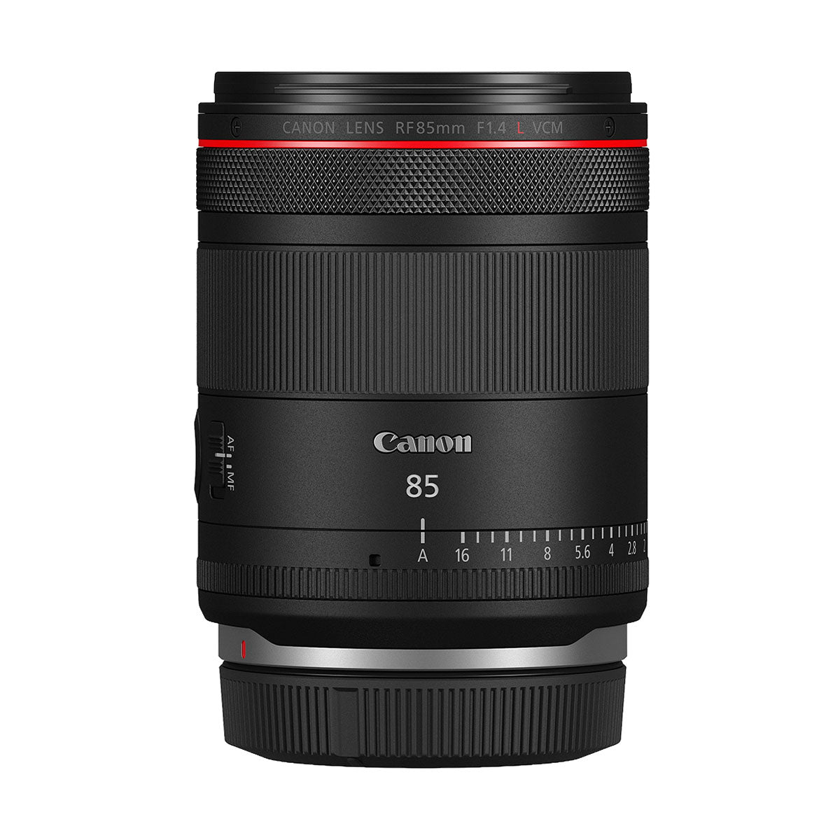 Obiettivo Canon RF 85mm F1.4 L VCM di lato, con la scritta CANON LENS RF85mm F1.4 L VCM sulla fascia rossa della serie L e la ghiera dei diaframmi con la scala da 1.4 a 16 e la posizione automatica A