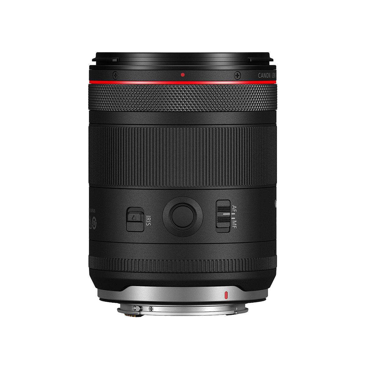 Lato dei comandi del Canon RF 85mm F1.4 L VCM: l'interruttore IRIS che blocca la ghiera dei diaframmi, il pulsante funzione, il selettore AF/MF e l'innesto RF con i contatti dorati
