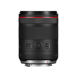 Lato dei comandi del Canon RF 85mm F1.4 L VCM: l'interruttore IRIS che blocca la ghiera dei diaframmi, il pulsante funzione, il selettore AF/MF e l'innesto RF con i contatti dorati