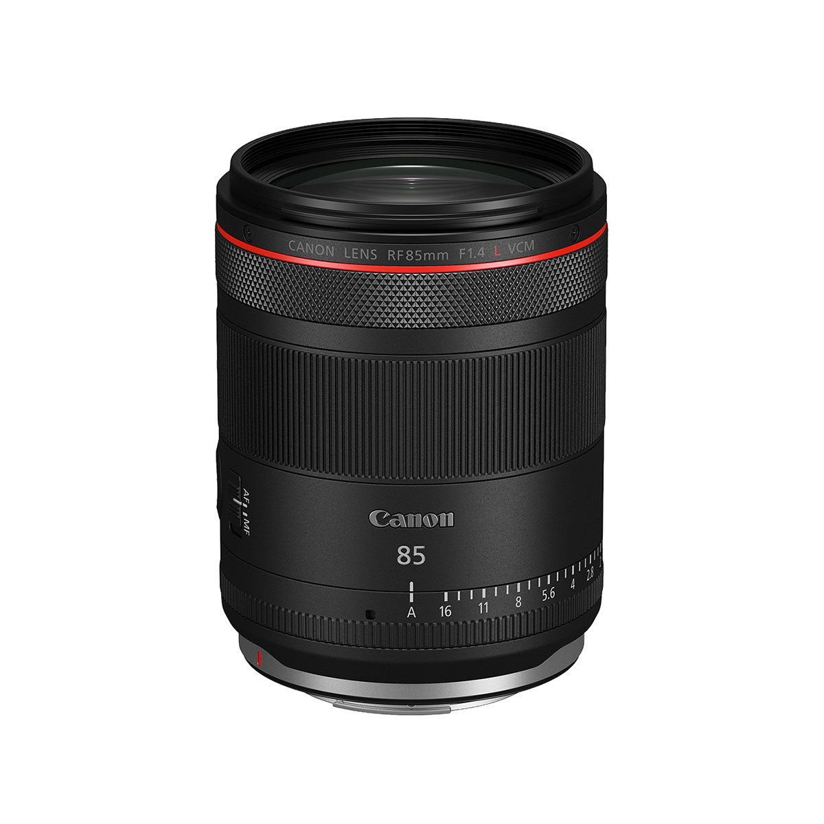 Canon RF 85mm F1.4 L VCM di tre quarti dall'alto, che mostra la ghiera di controllo zigrinata, quella di messa a fuoco e la scala dei diaframmi stampata sul barilotto