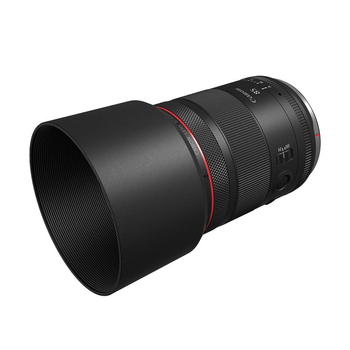 Canon RF 85mm F1.4 L VCM con il paraluce tondo ET-73C in dotazione montato in posizione di lavoro