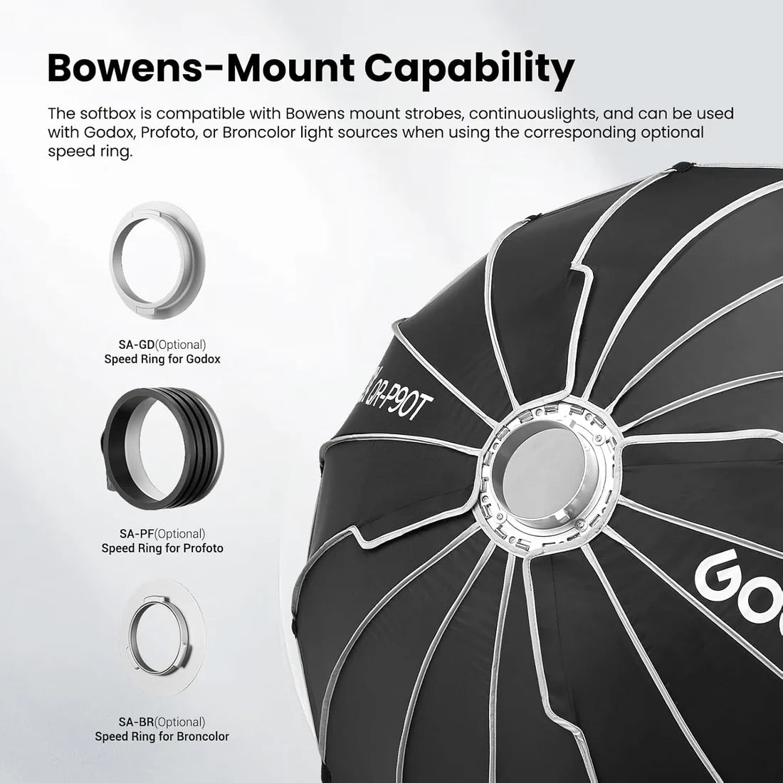 Godox QR-P90T Softbox Parabolico 90 cm con Griglia a Nido d’Ape e Attacco Bowens – Luce morbida e controllata