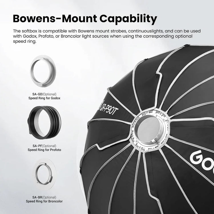Godox QR-P90T Softbox Parabolico 90 cm con Griglia a Nido d’Ape e Attacco Bowens – Luce morbida e controllata