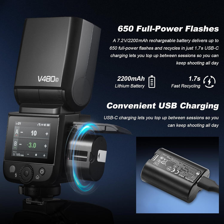 Godox V480 Flash a Slitta TTL HSS al Litio per Canon, Sony, Nikon, Fujifilm e Panasonic – GN60 professionale