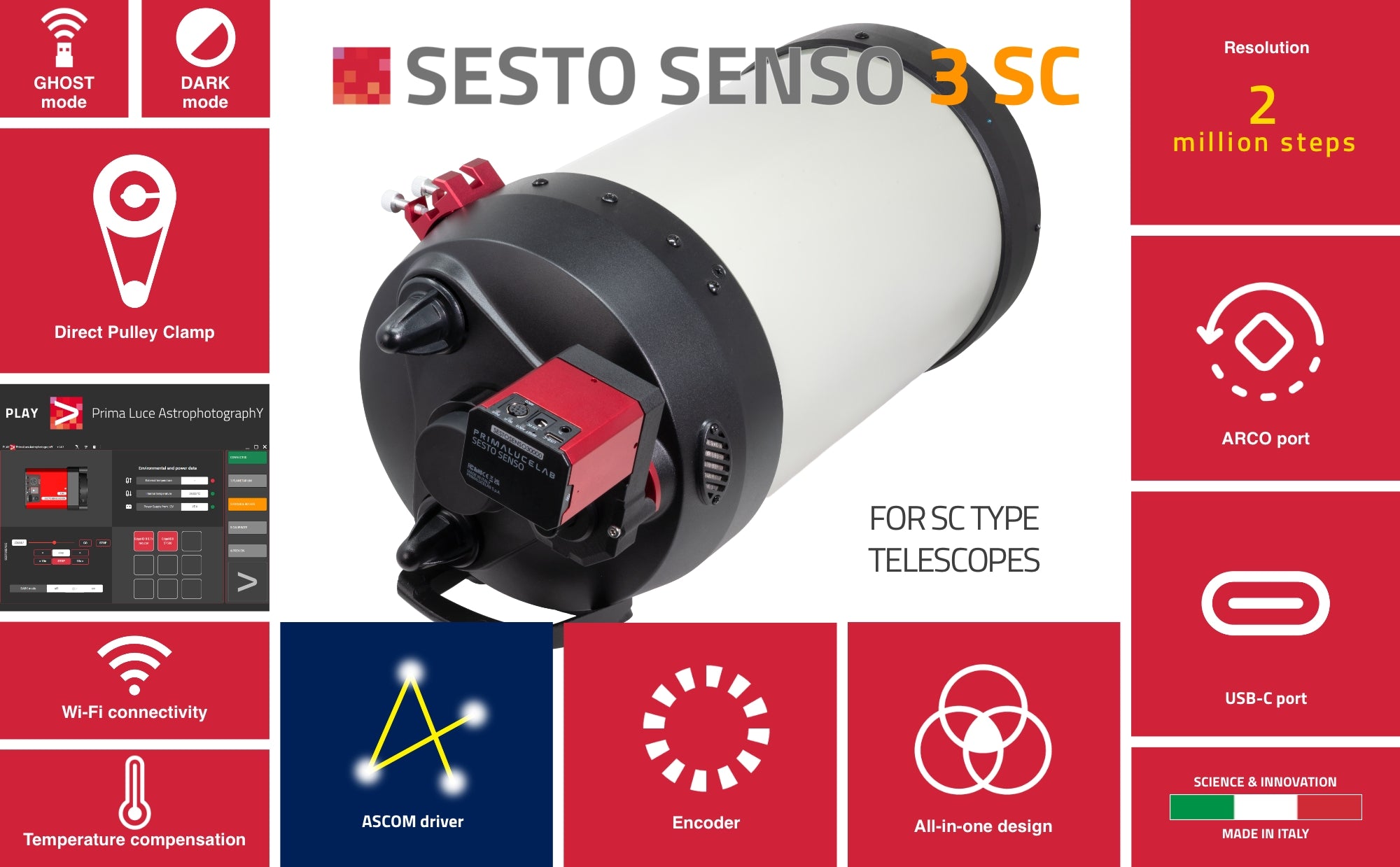 Motore di messa a fuoco robotico PrimaLuceLab SESTO SENSO 3 SC per telescopi Schmidt-Cassegrain, EdgeHD e RASA con connessione USB-C e Wi-Fi