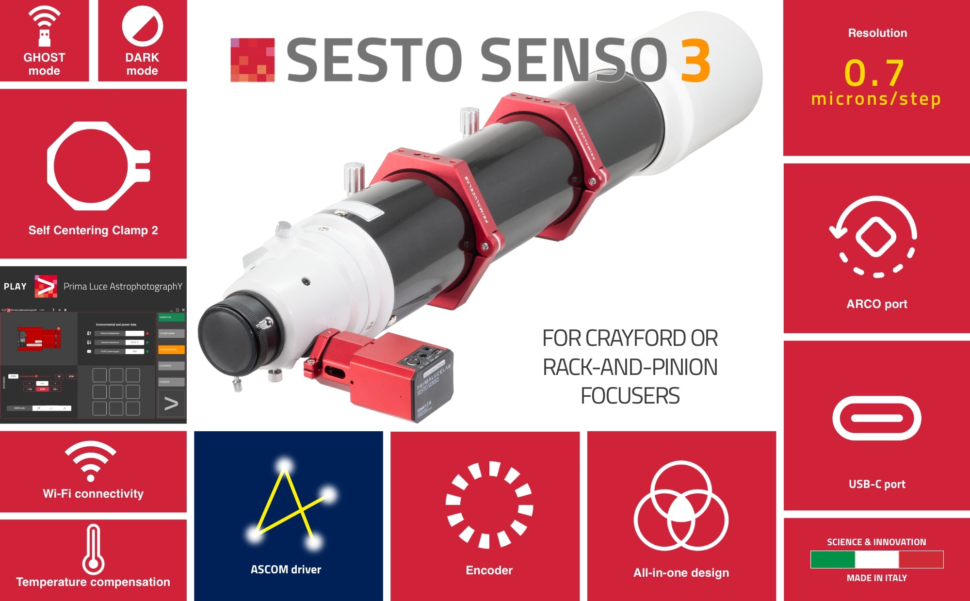 Motore di messa a fuoco robotico PrimaLuceLab SESTO SENSO 3 per focheggiatori esterni Crayford e a cremagliera, con connessione USB-C e Wi-Fi