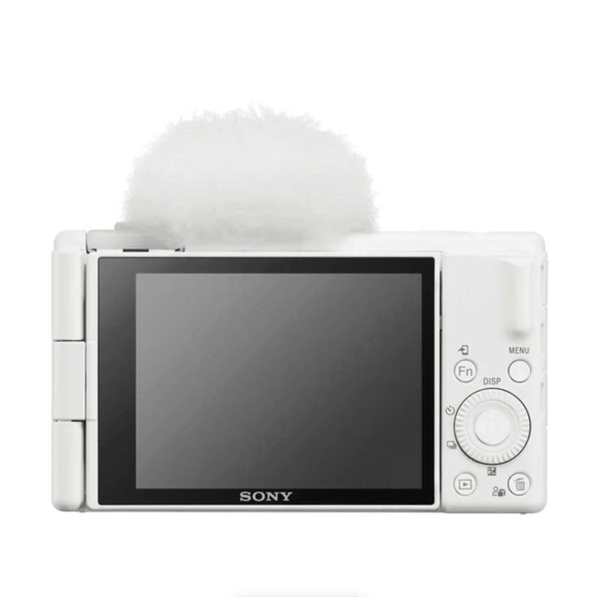 Retro della Sony ZV-1 II bianca con lo schermo da 3 pollici, la ghiera dei comandi e il tasto MENU